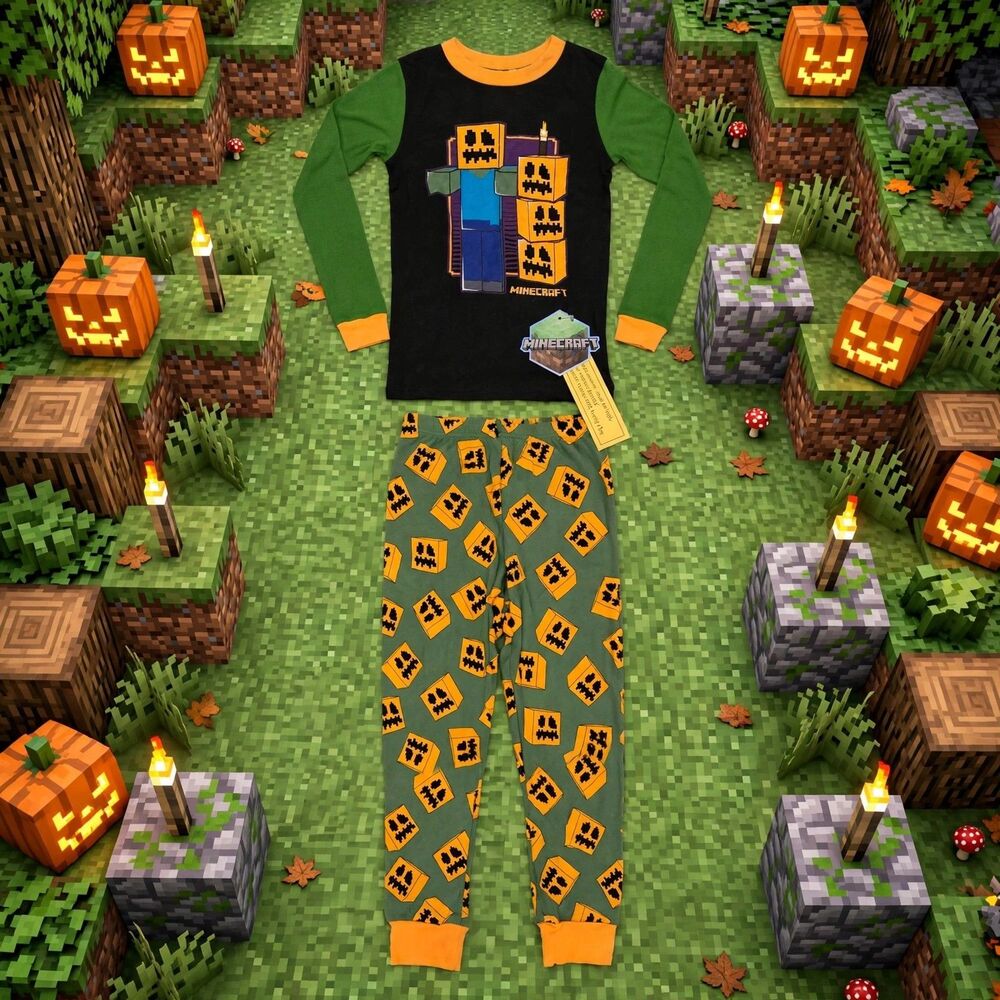 Kids Minecraft Halloween Pajama Set Long Sleeve Creeper Size 4 NWT C232 Boys